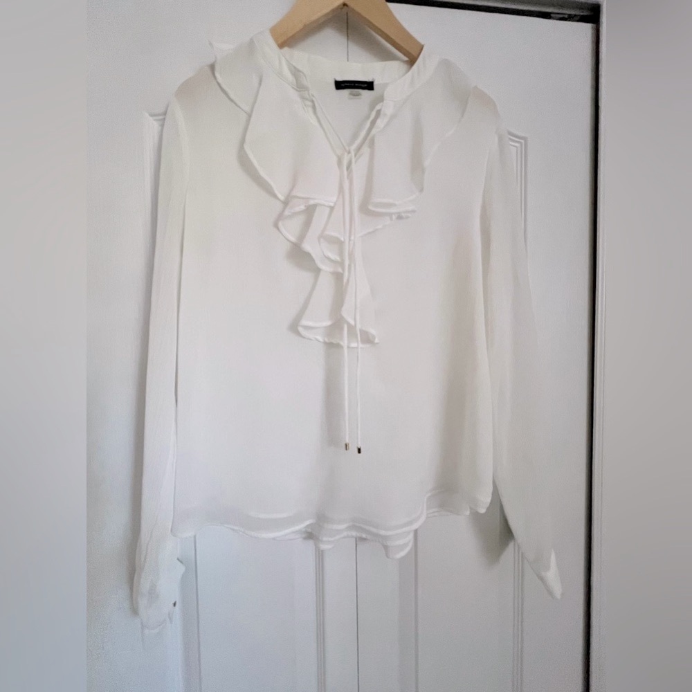 TOMMY HILFIGER Women's Classic Long Sleeve Ruffle Front Blouse - Ivory - Picture 6 of 9